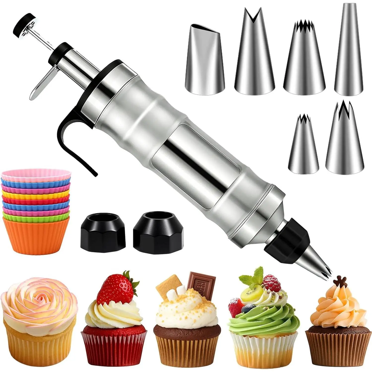Dessert Decorating Syringe Set, Stainless Steel Icing Piping Kit Cake Decorating Tools with 6 Piping Icing Nozzles Cupcake Decorating Kit