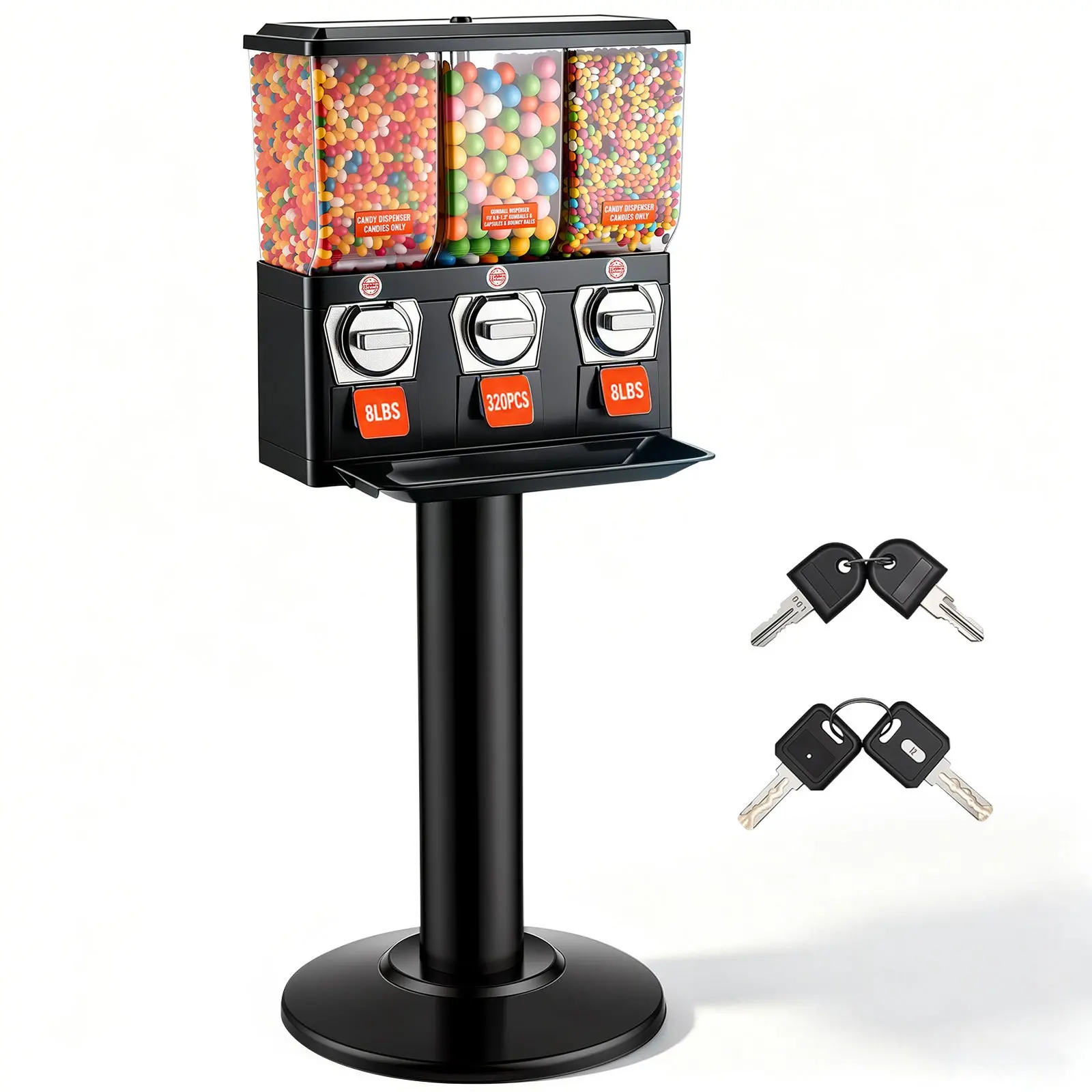 VEVOR Commercial Vending Machine, Triple Compartment Candy Dispenser with Iron Stand, Gumball and Candy Machine for Business, Coin Operated Gumball Bank for Toy Capsules Bouncy Balls Candy Nut, Black