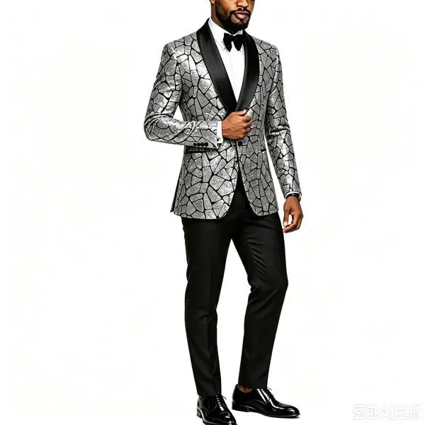 Men Shiny Iridescent Crack Geometric Sequin Blazer Black Satin Lapel One Button Tuxedo Jacket Nightclub Wedding Stage Prom Party Suit Coat Longsleeves Formal Wear Suite Style Blazer Top