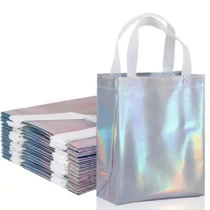 10-pack rainbow holographic gift bags (with handles), Birthday party favor bags, Reusable medium-sized party and birthday tote bag, measuring 8" x 4" x 10", perfect for back-to-school season, Valentine's Day