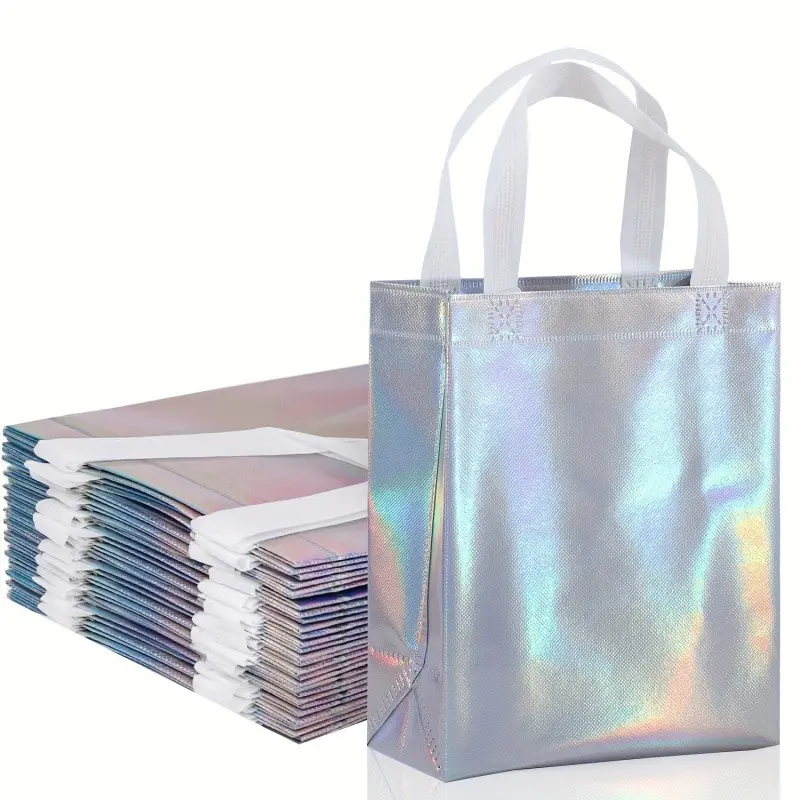 10-pack rainbow holographic gift bags (with handles), Birthday party favor bags, Reusable medium-sized party and birthday tote bag, measuring 8" x 4" x 10", perfect for back-to-school season, Valentine's Day