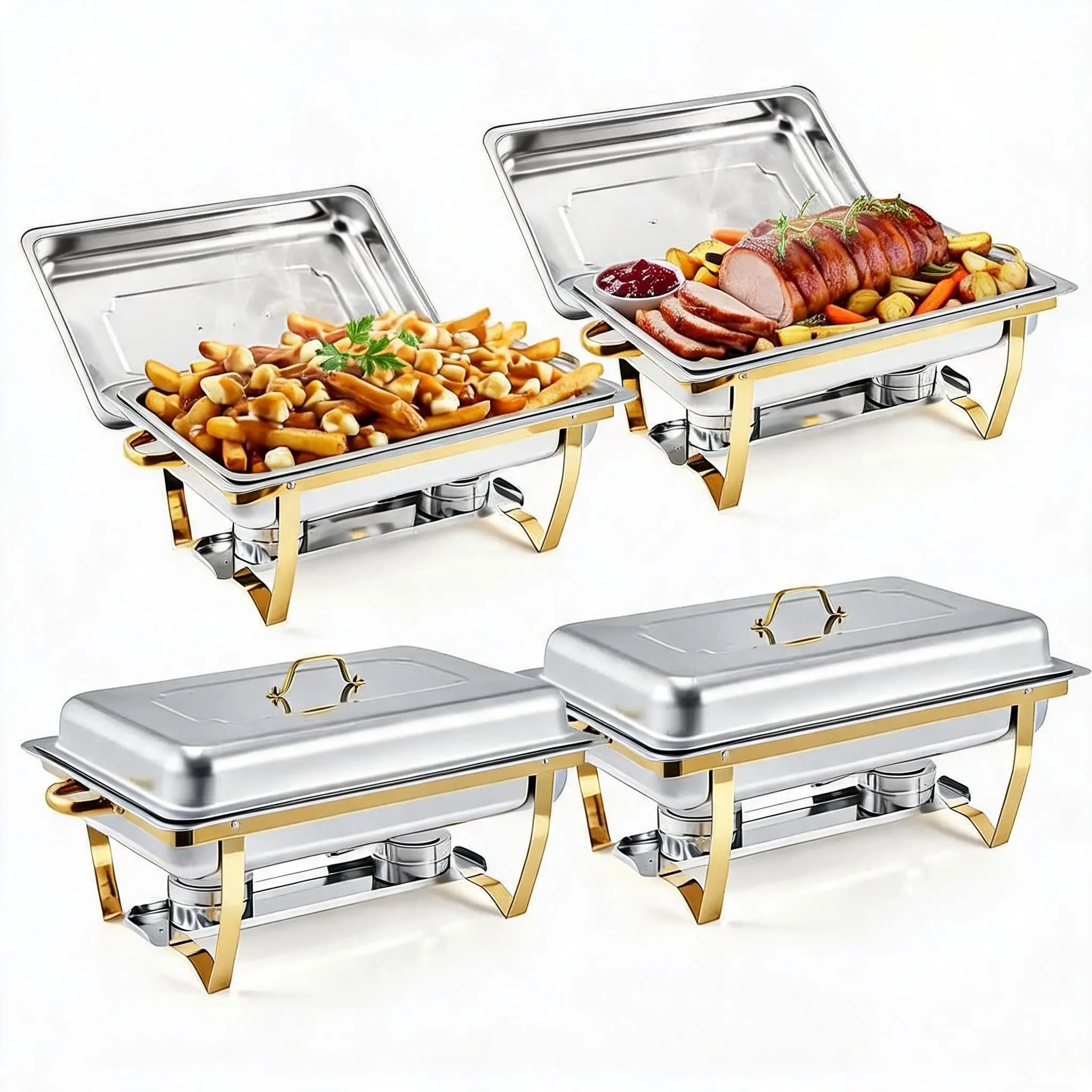 GARVEE 4-Piece 8L Gold Stainless Steel Rectangular Buffet Trays Set - with Lids, Foldable Stands, Handles, Stackable - Ideal for Catering, Weddings