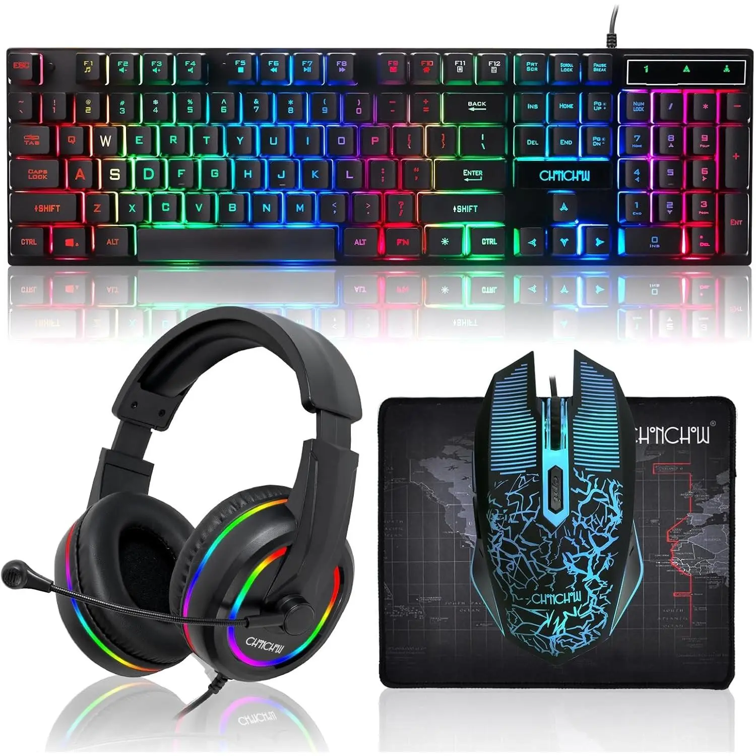 Wired RGB LED Gaming Keyboard and Mouse Combo with Headset and Mousepad, 4-in-1 Gaming Set for Xbox PS4 PS5 PC Laptop Gamer - Rainbow Backlit, Plug and PlayGift
