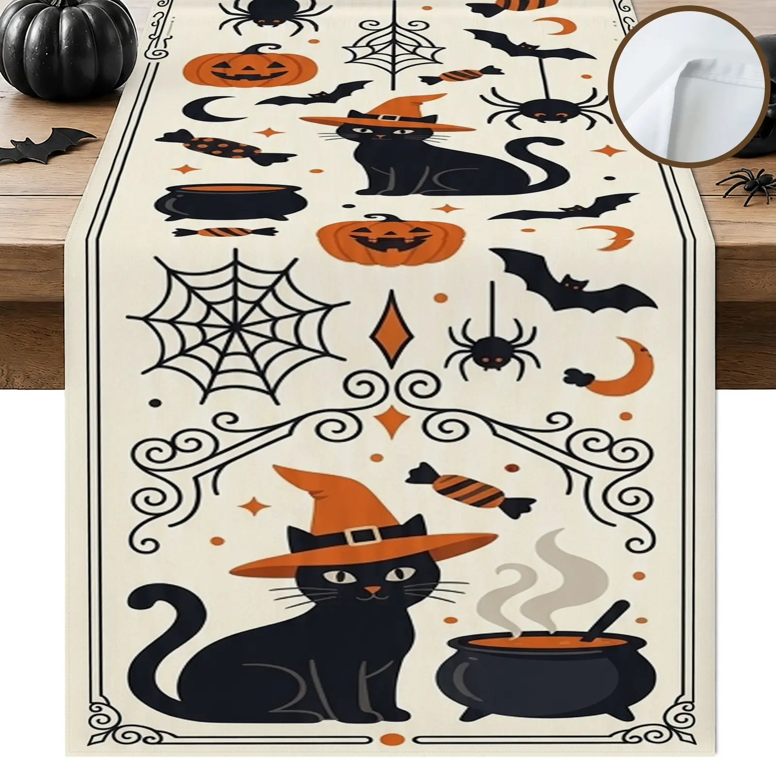 1pc Black Cat Pumpkin Spider Table Runner, Halloween Style, Whimsical Pattern with Decorative Border, for Dining Table Halloween Party Home Decor Seasonal Table Decor