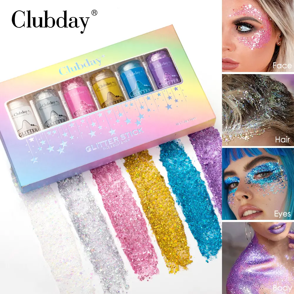 6 Color Glitter Highlighter Stick Set, Body Brightening Stage Makeup, Lip and Cheek Dual Use, Gel Stick, Sparkling Shine, Multicolor