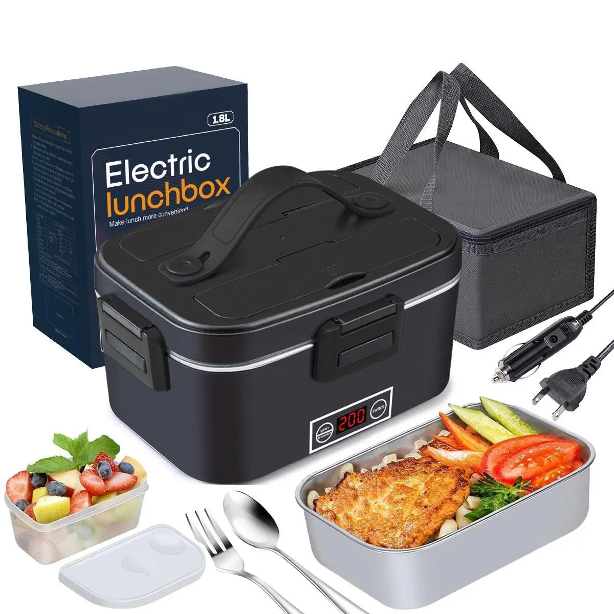 Nifogo 80W Stylish Eco-Friendly Electric Portable Lunch Warmer - 1.8L Stainless Steel Leak-Proof Meal Prep Lunch Box, Square Black, Display Screen, 110V/12V/24V for Office, Home