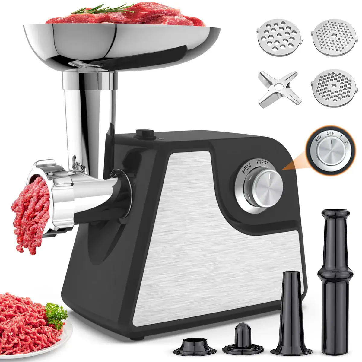 LINKChef Meat Grinder 2400W 2-Speed Electric Meat Grinder Sausage Stuffer 3 Grinding Plates ETL Black