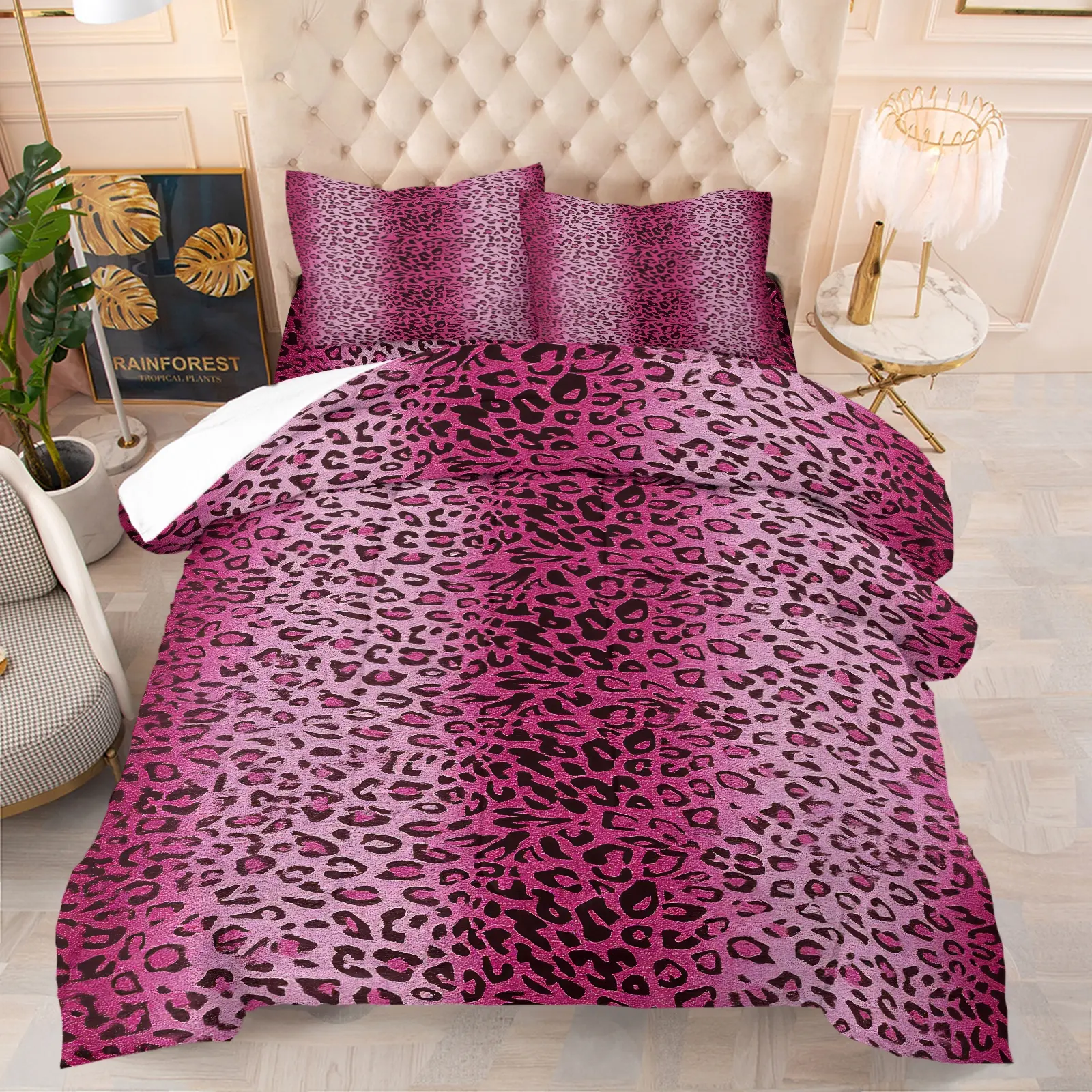 Sweet Cool Y2K Leopard Print Comforter Set, Cozy Bedding Set, Includes 1 or 2 Pillowcases, Gradient Magenta With Classic Black Leopard Print Wild American Style Bedding, Wear-resistant & Easy Care, For Trend Lovers, Fashion Decor For Apartment