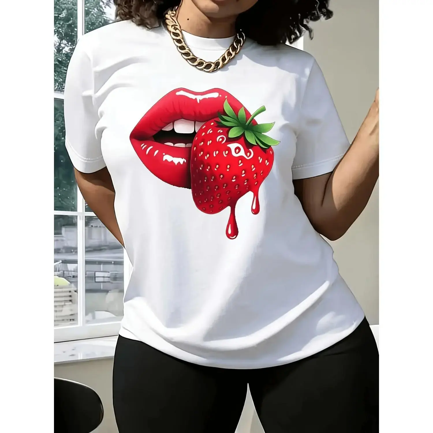 Strawberry Lip Print Casual TShirt for Women Featuring a Regular Fit Short Sleeves and Machine Washability Ideal for Spring Summer and Fall Perfect for Sisters