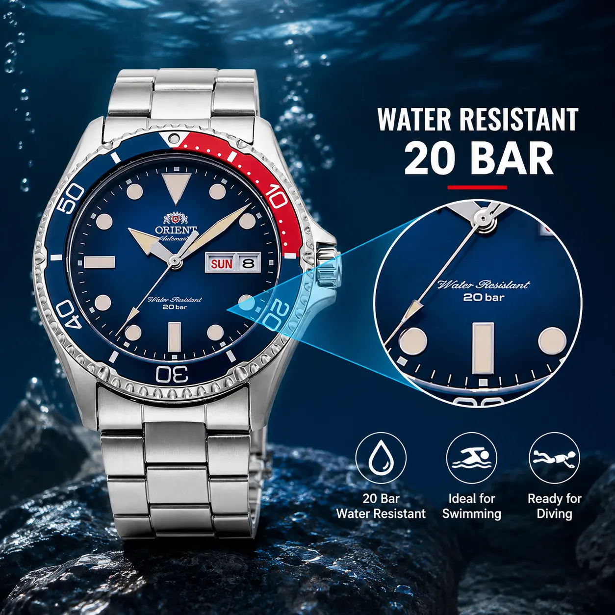 Mako Kamasu Pepsi Bezel Automatic Men's Diver Watch, 200M Water Resistant, Sapphire Crystal, Stainless Steel Bracelet, Day-Date Blue Dial Mechanical Sports Wristwatch, Classic Dive Style for Daily/Outdoor Use, Men's Gift#menswatch#car