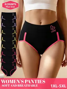 8-Pack Mei Yating Plus Size High-Waist Triangle Panties, Sizes 1xl-5xl, Colorblock Contrast Binding, Soft Breathable Fabric, Love Print Design