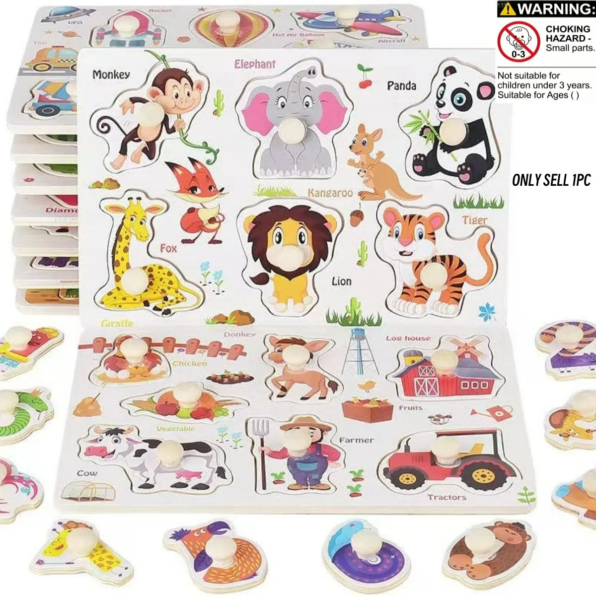 Wooden Puzzles Toys, Wooden Peg Puzzles, Fruits, Animals, Dinosaurs, Farm Jigsaw Puzzles Toys, Learning Educational Christmas Birthday Gifts for Girls Boys, Kids' Educational Preschool Peg Puzzle Toy, Back to School Gifts School Supplies
