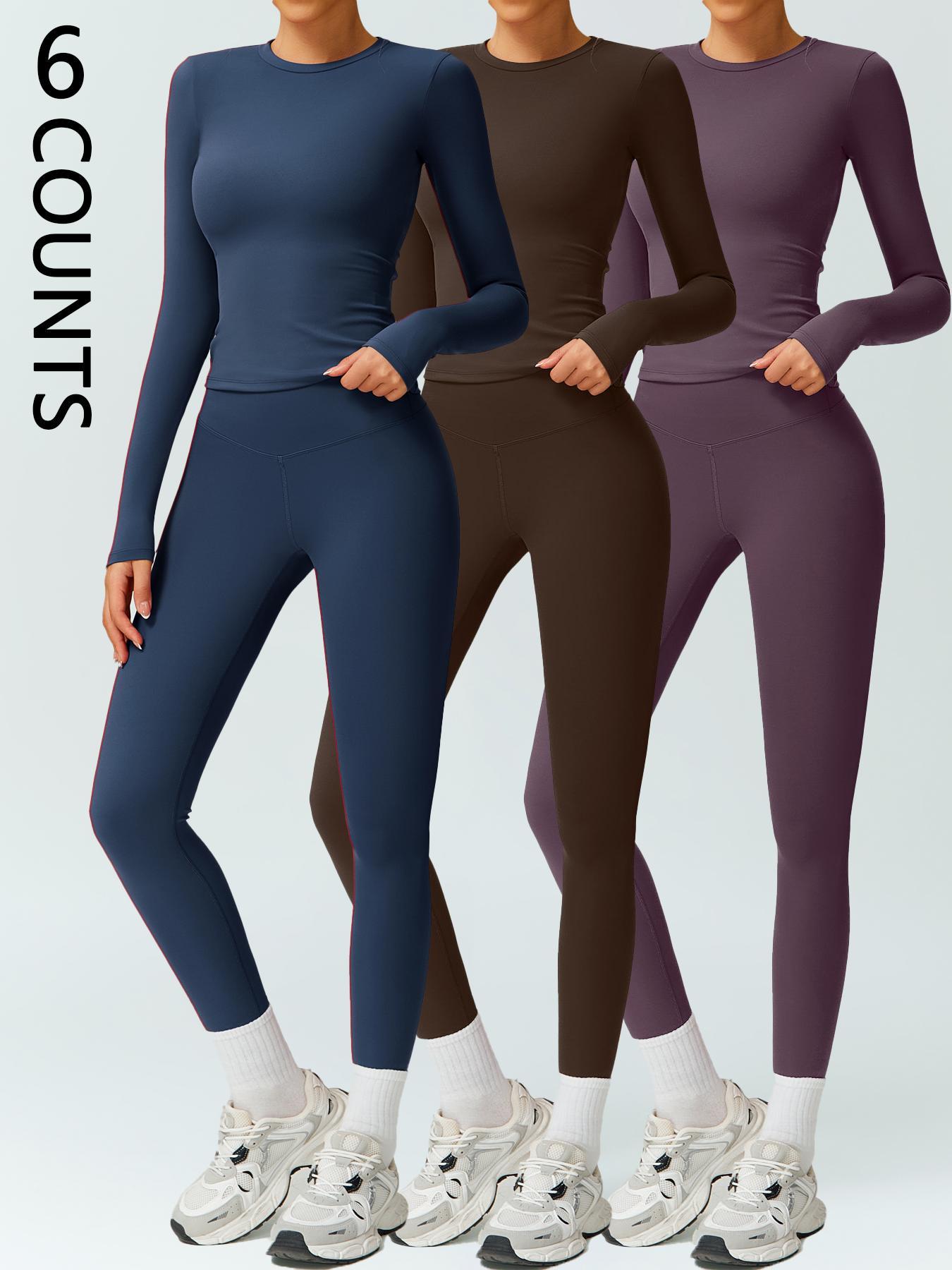 Women's Solid Long-Sleeve Tee & High-Waist Leggings Set, Sporty Round Neck Top & Skinny Pants 2-Piece Set for Gym Workout and Running, Ladies Fall & Winter Sportswear, Sports Fitness Wear, Workout Running Outfits