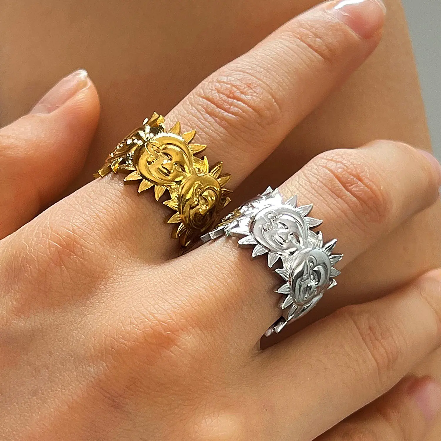 Chic Vintage Double Sun Smiley Face Open Ring | Bold Stainless Steel Sun God Chunky Band | Adjustable Edgy Finger Jewelry for Everyday Wear & Street Styling