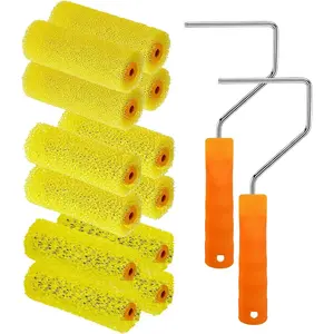 12 Pcs Textured Paint Roller Covers with 2 Frames Set, 4 inch 3 Textures Foam Drywall Texture Paint Rollers for Art Painting Walls Ceilings