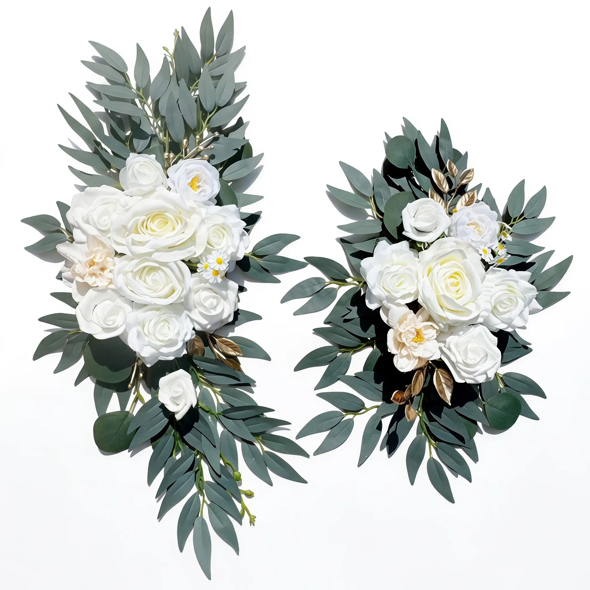 2 Pcs Artificial Flower White Rose Floral Arrangements with Gold Accents, Faux Eucalyptus Greenery Decor Set, Cream Fake Flowers for Wedding Arch, Backdrop, Table Centerpiece, Party & Home Decor