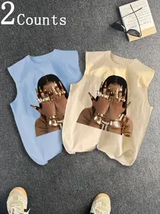 Men's Two-Piece Casual Sleeveless Tank Tops, Graphic Print, Summer Vacation Party Wear, Comfortable Inner or Outer Shirt, Casual Summer Clothing