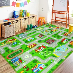 Green Car Road Kid Rug Carpet Playmat  Playoom Traffic Road Kids Play Mat  Toddler Non Slip Washable City Map Race Track Carpet Rug  Kids Room Bedroom Nursery Room Decor,6.6'x5'