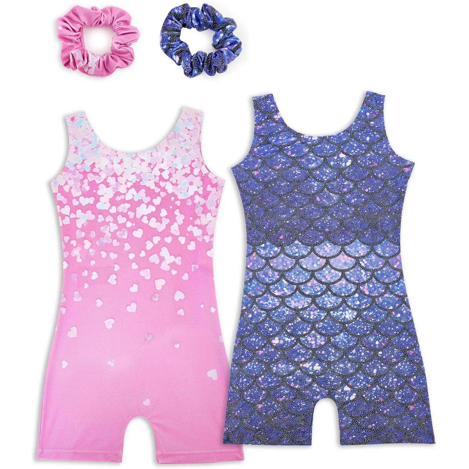 Gymnastics Leotards for Girls 2 Pack Sparkly Kids Biketards Dance Unitards Matching Hair Scrunchies