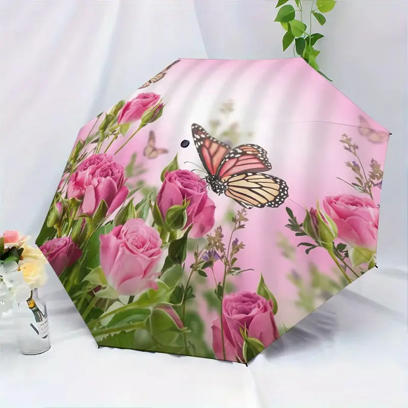 Rose Garden Butterfly Automatic Folding Umbrella, Lightweight Compact Travel Umbrella, 8-Rib Strong Frame, Unisex, 210t Fabric, umbrellas for rain, Ideal Gift