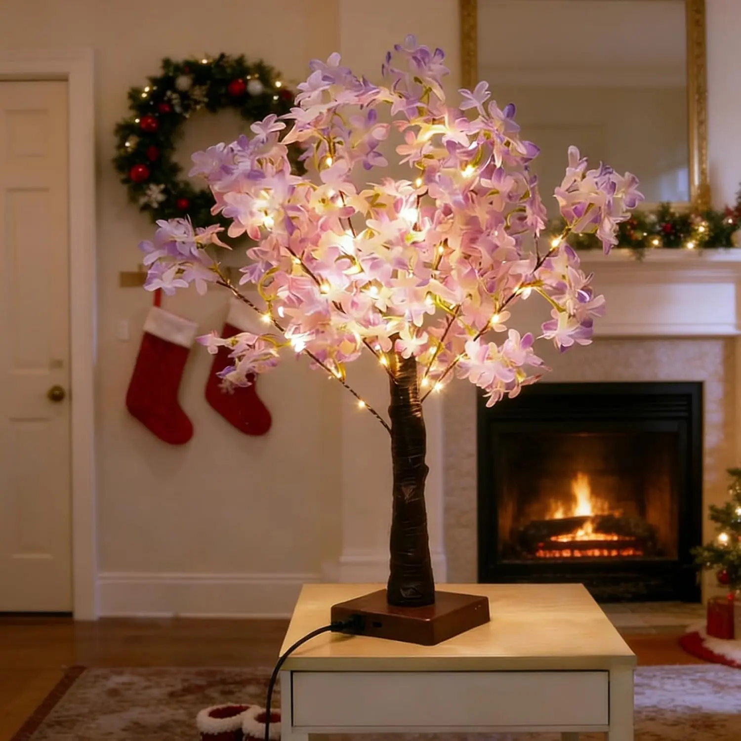 Tabletop Lighted Tree, LED Artificial Tree Lamp for Indoor Decor, USB/Cordless Desktop Flower Tree with Lights for Table Home Wedding Bedroom Office Party Christmas (Cherry Blossoms-P)