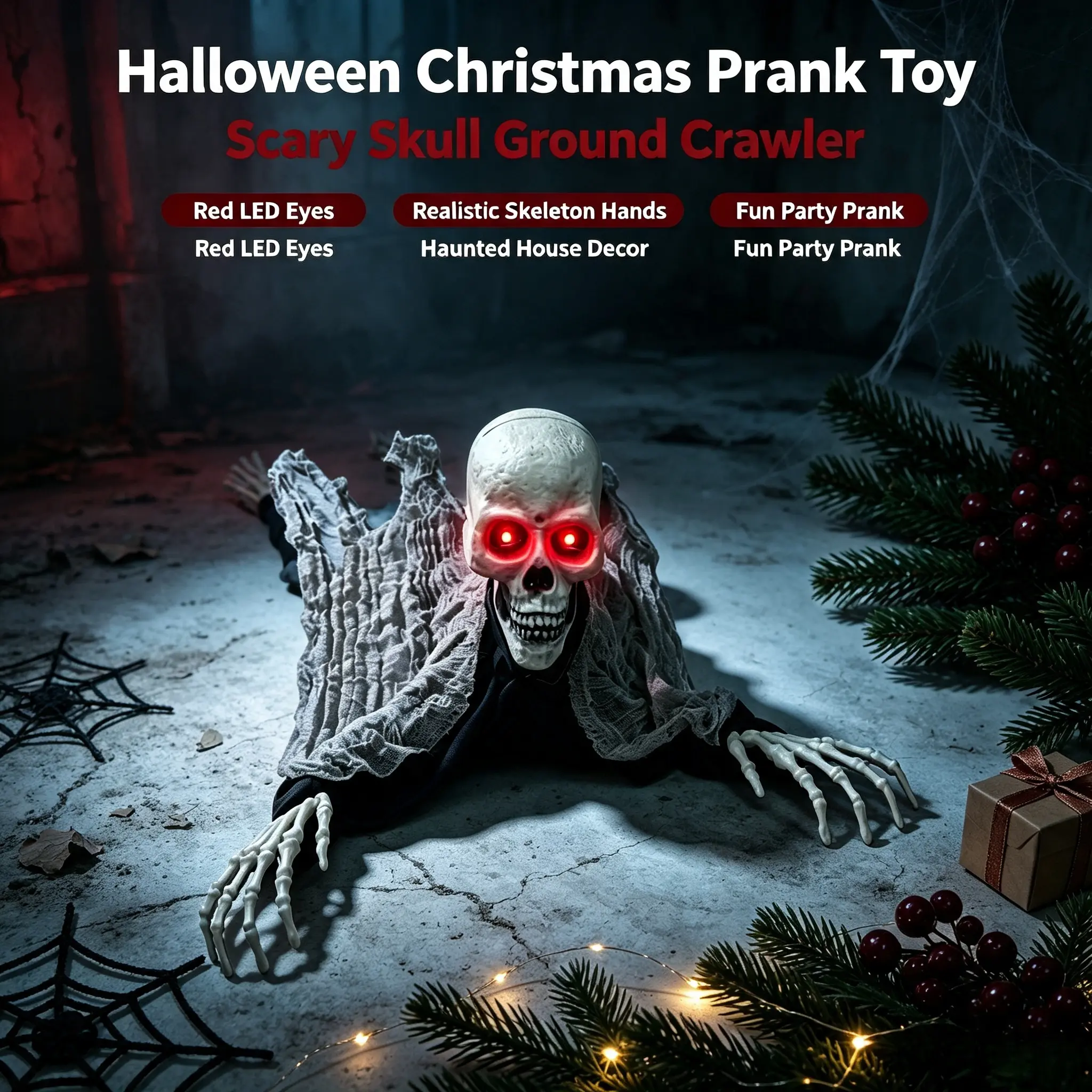 Voice Activated Ground Crawling Skeleton Ghost Halloween Decor - 35.43 * 11.81 * 11.42 Inches, Sound Trigger Prop with LED Lights Eyes, Waving Hands, Swinging Head, Creepy Sounds, Outdoor Yard Prank Decor, 3 AA Batteries Required