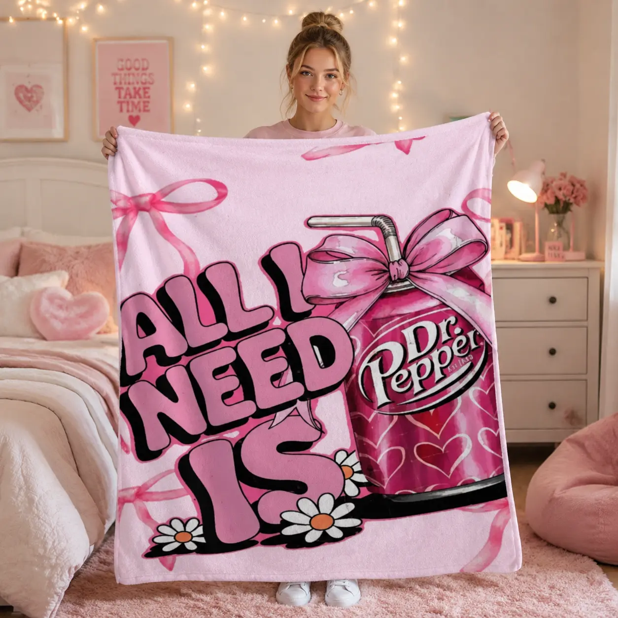 Pink Coquette Bow Dr Pepper Soda Can Flannel Throw Blanket - HD Sublimation Printing, Cute Heart Daisy Graphic, Soft Light Ultra Cozy All Seasons Indoor/Outdoor Blanket for Sofa Napping, Valentine’s Day Girly Decor Gift for Teen Girls Soda Lovers