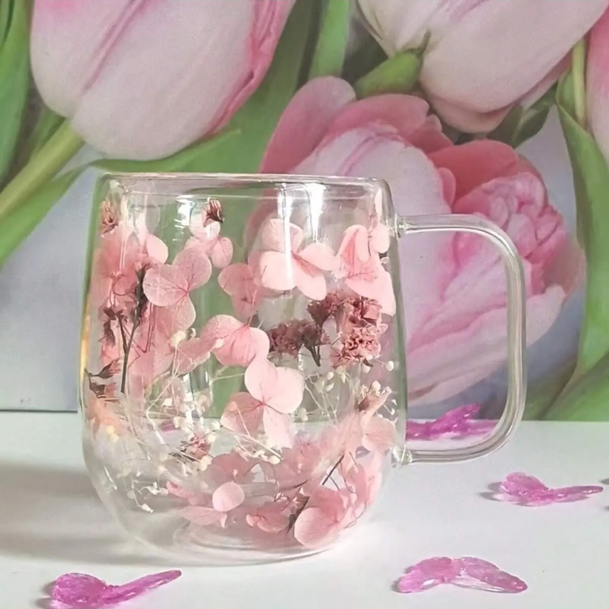 Double Layer Glass Cup Set, Reusable Coffee Mug with Real Flower Design, Ideal for Milk, Cold Hot Drinks, Christmas Gift, Glass Coffee Mugs