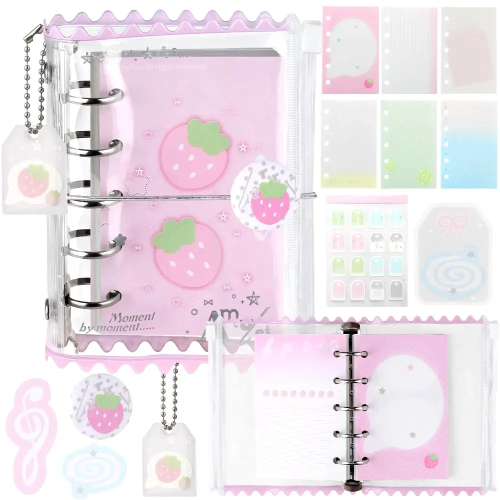 Kawaii M5 5 Rings Binder Notebook PVC  Strawberry Loose Leaf Binder Refillable Spiral Notebooks Daily Journal Cute Small Zipper Pocket Notebook Journaling Notebooks For School Office Supplies