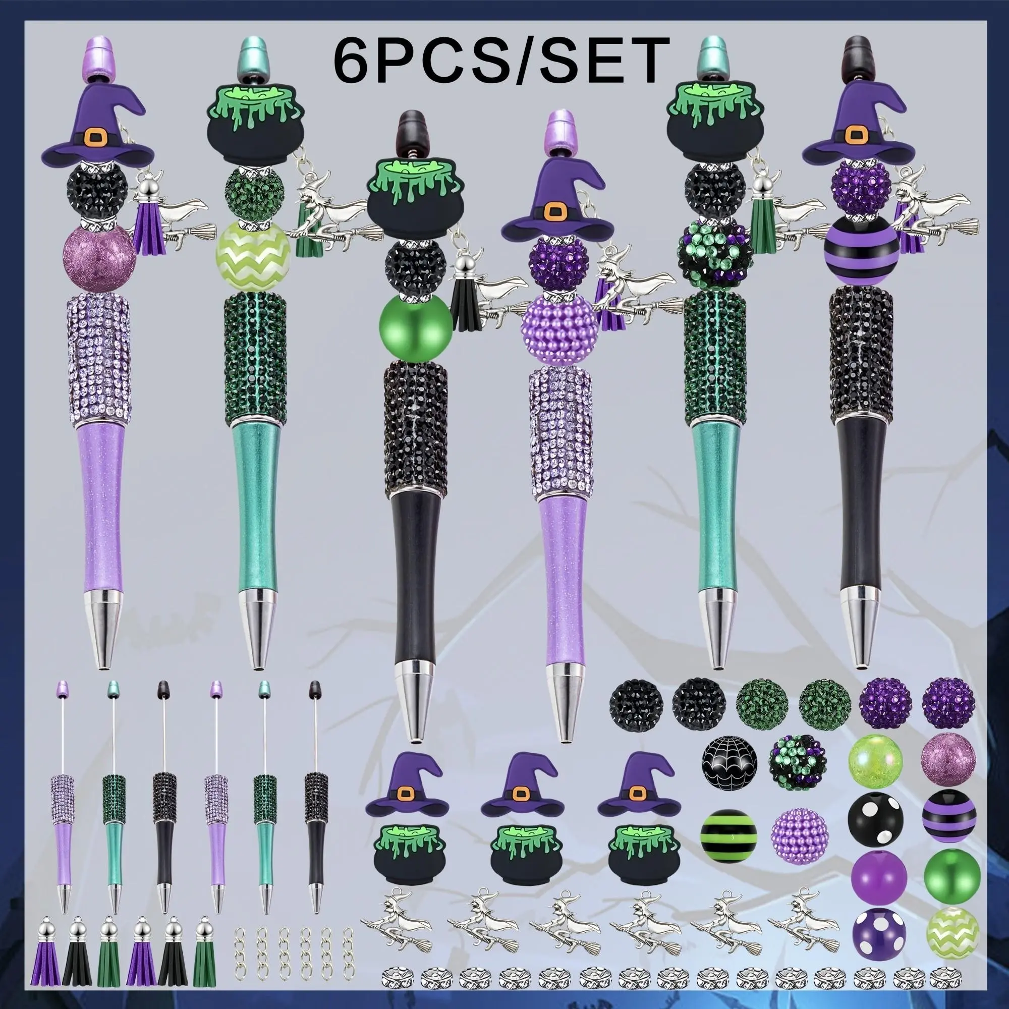 6PCS Halloween Beaded Pens DIY Kit, Witch Hat & Cauldron Beadable Ballpoint Pens Set with Silicone Focal Beads Charms Tassels, Creative Halloween Party Favors Craft Gift for Teens Adults, Writing Pens
