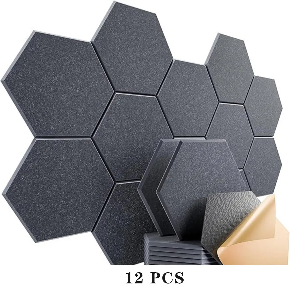 12-Pack Self-Adhesive Soundproof Panels, High-Density Foam, Hexagonal Design, Flame Retardant, Noise Absorption, Living Room, Kitchen, Bathroom