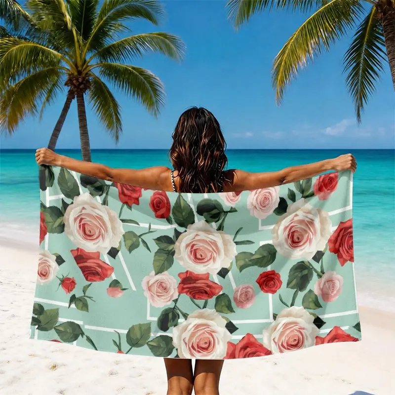 Vintage Rose Floral Beach Towel, Elegant Roses Leaves Pattern, Absorbent Sandproof, Ideal for Beach Pool Travel Relaxation