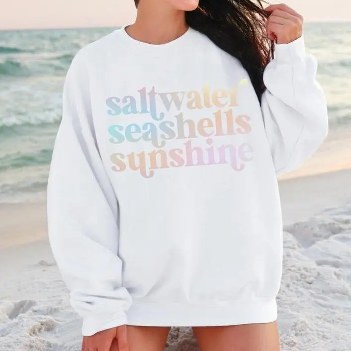 Women's Long Sleeve Tops, Coastal Graphic Crewneck Sweatshirt, Relaxed Fit Pullover Shirt for Vacation