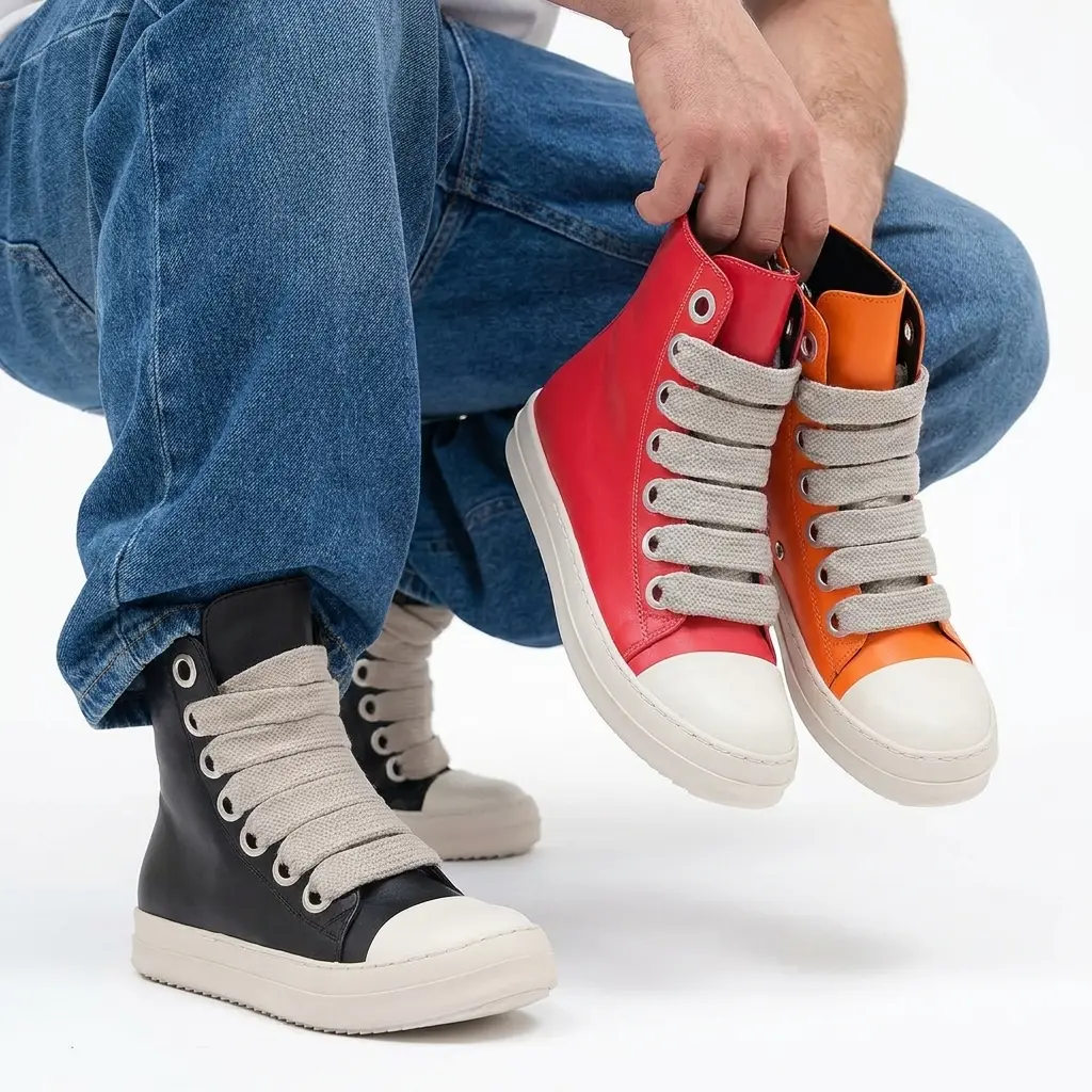 Unisex Mens Womens Sneakers High Top Low Top Wide Laces Thick Sole Platform Leather Skate Shoes Streetwear Gothic Grunge Y2K Hip Hop Oversized Lace Up Round Toe Casual Walking Couples Footwear Vintage Chunky Retro Trendy