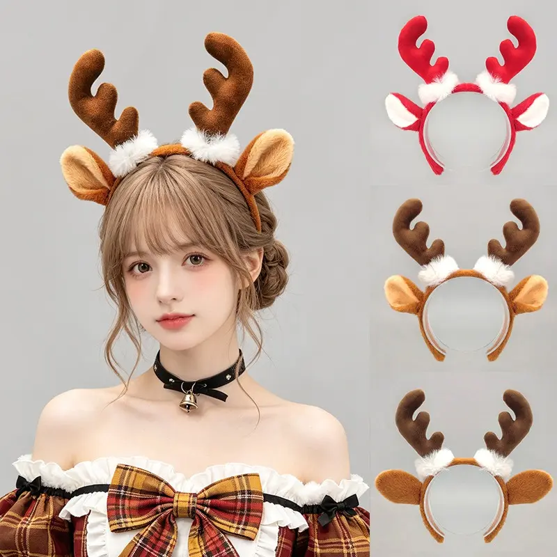 2026 Christmas Cute Reindeer Antler Headband Cartoon Ear Design Festive Party Photo Prop Cosplay Performance Holiday Hair Accessory