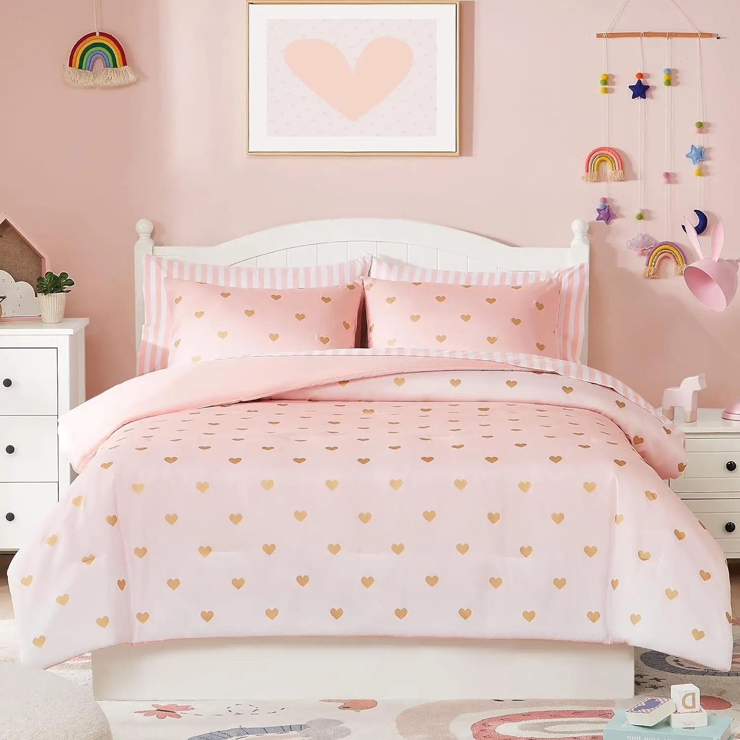 Queen Comforter Set with Sheets for Girls-7 Pieces Queen Bedding Sets with Pink White Gradient Ombre Comforter, Sheets, Pillowcases & Shams for Kids (Gold Heart, 90" X 90")