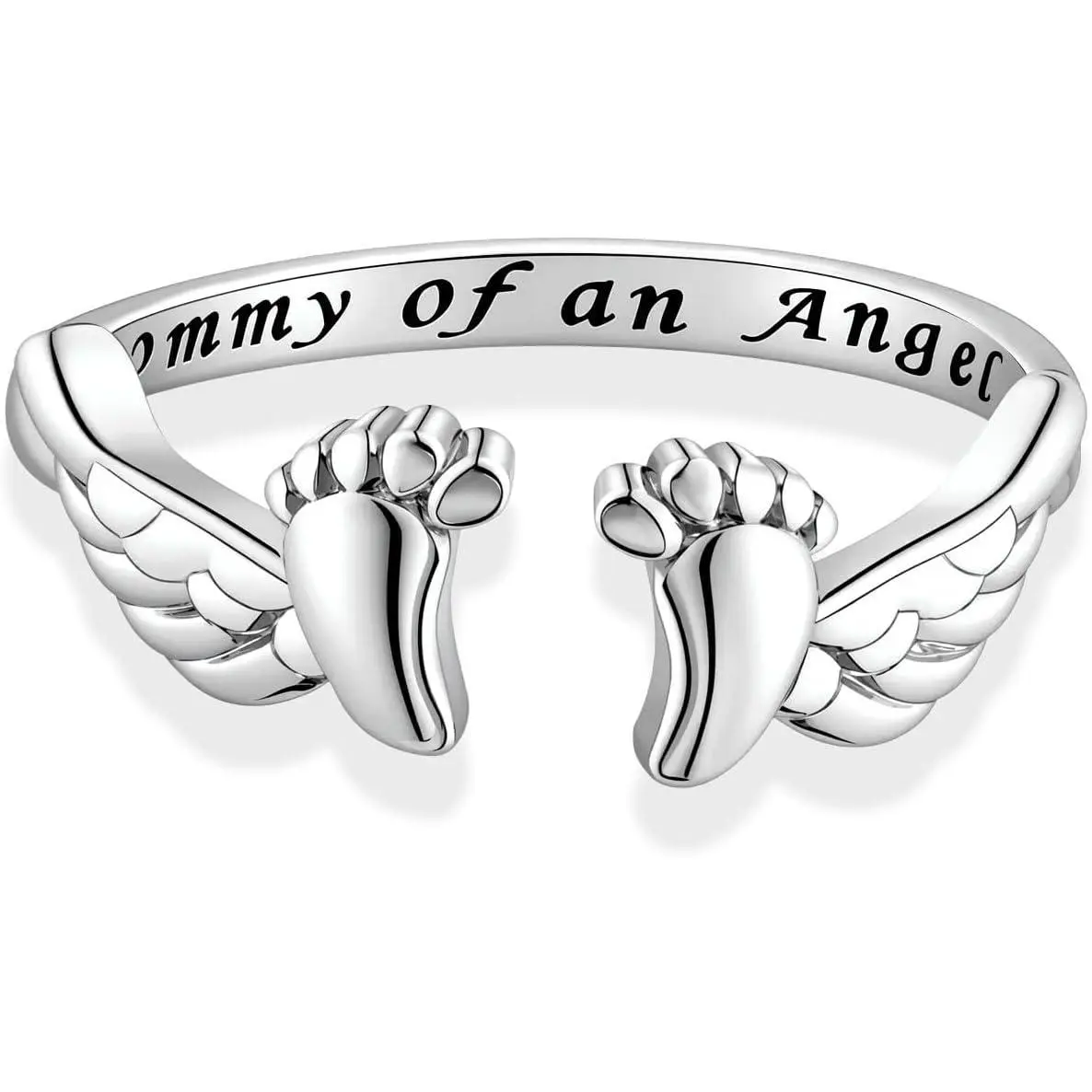 Silver Mommy of an Angel Wing Cute Foot Open Ring Miscarriage Gifts for Mothers Pregnancy Loss Adjtable Ring Mother's Day