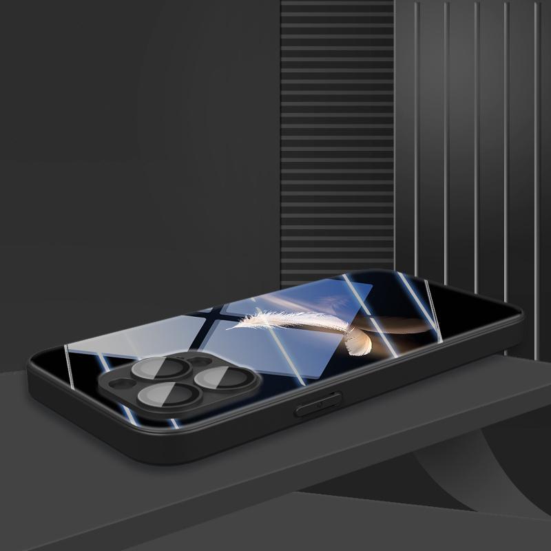 Luxury Minimalist White Feather Golden Reflection Pattern Phone Case with Lens Protection, for iPhone 17 16 15 14 13 12 11 pro max, Full Coverage Anti-Fall Protective Case, Phone Accessory