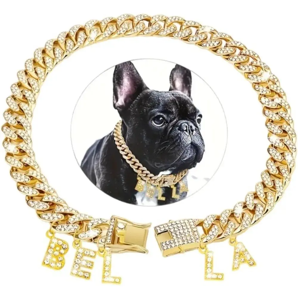 Personalized Dog Chain Collar Diamond Name Letters Customized Silver Dog Necklace Diamond Cuban for Small Medium Large Dogs Cats