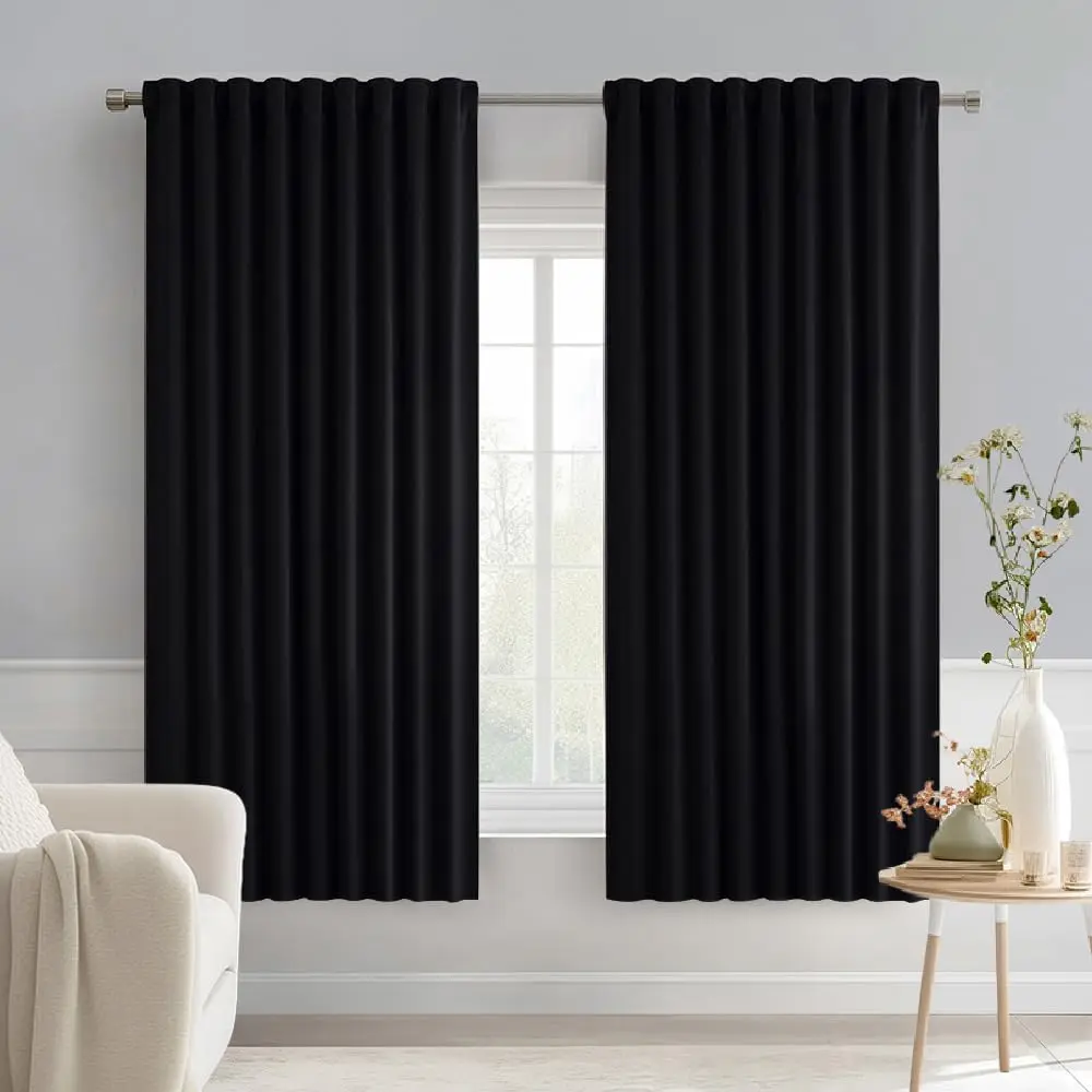 Solid Black Pleat-Tab Blackout Curtains - 52x63" 2-Panel Triple Weave Stitching Thermal Light Blocker Drapes, Curtains for Bedroom, Privacy Room Dividers