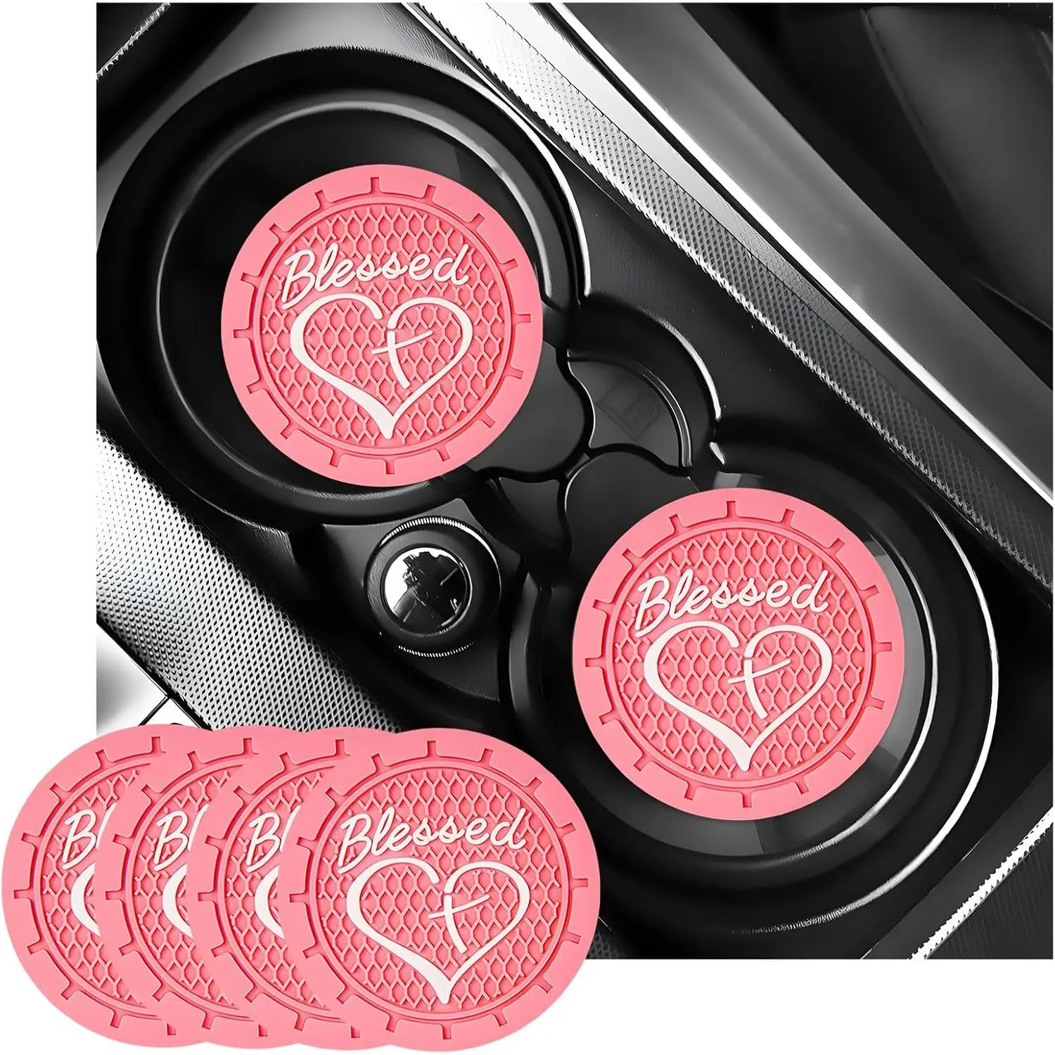 Car Interior Anti-Slip Cup Holder Coasters - 2/4 Count Round PVC Mesh Mats, 2.76 in Compact Reuse Accessories with Cute Blessed & Heart Designs, Shockproof, Classic