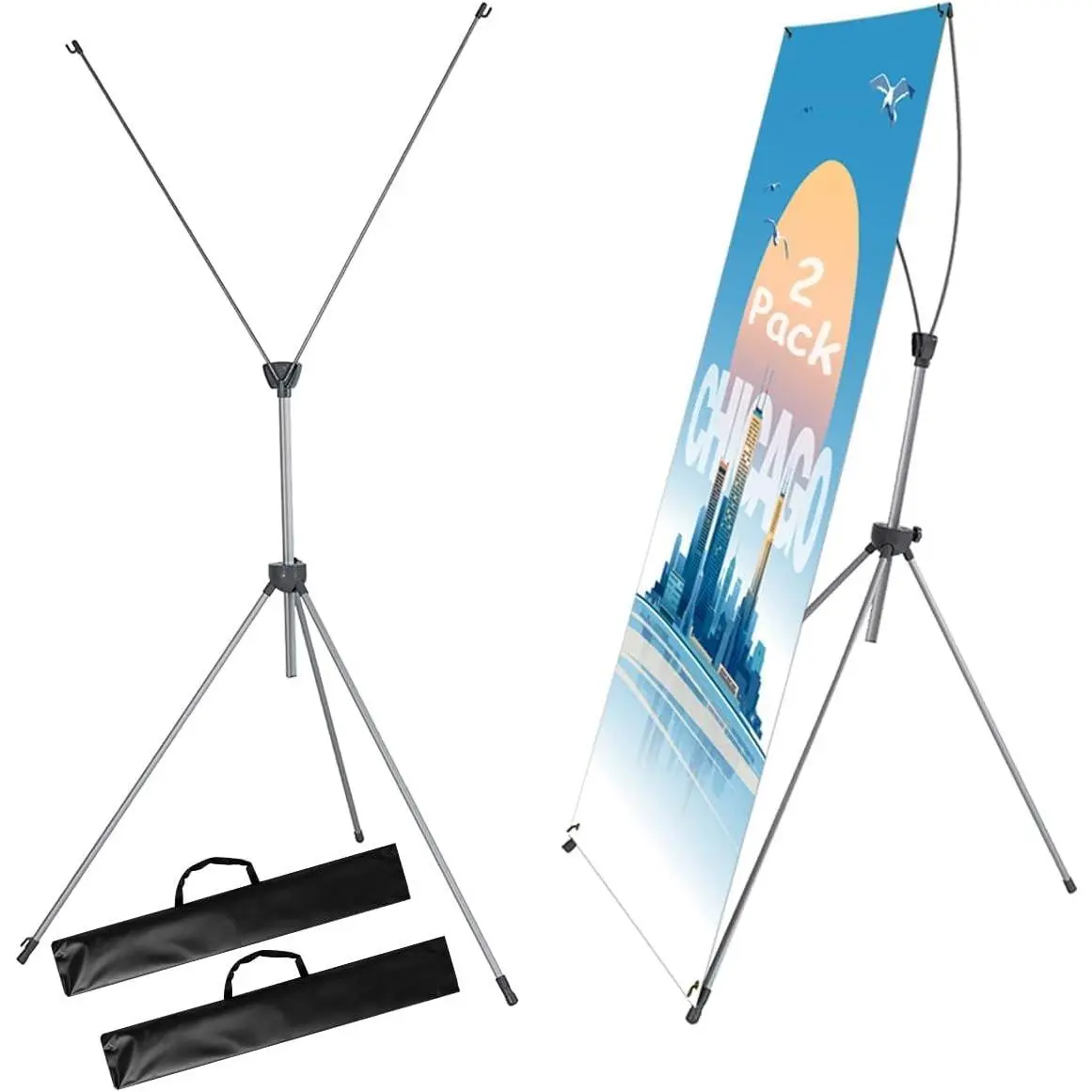 2 Pack X Frame Banner Stand Fits Any Banner Adjustable Size 23"X63" to 32"X78" with Portable Retractable Carrying Bag, Customize Stand for Trade Show Exhibition Market and Store Display,Silver