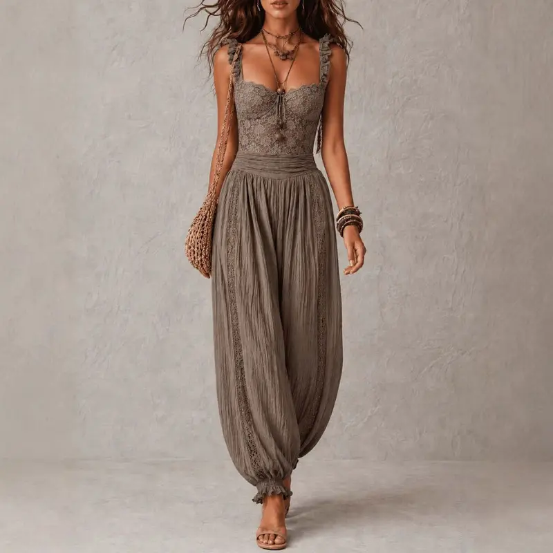 Women's Elegant Lace Suspender Harem Cut Jumpsuit - Sleeveless, Sexy, Multi-Size Lingerie (10743) [Jumpsuits for Women], Harem Jumpsuit