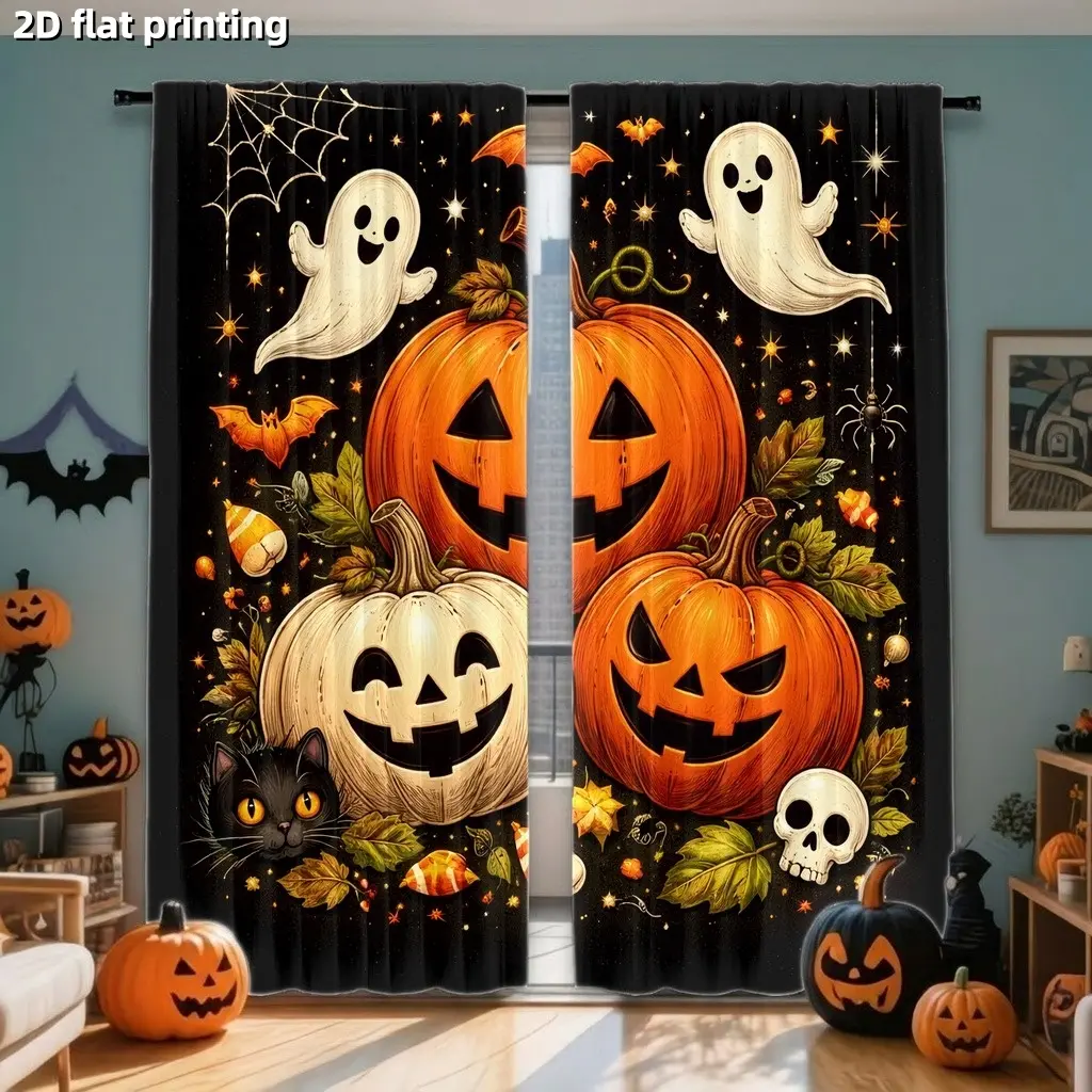 2Pcs Spooky Halloween Curtains Window Drapes with Ghosts Pumpkins Black Cats Bats and Skulls, Digital Printing, Theme, Decorative for Party, Living Room, Bedroom, Home Decor, Home Decoration Curtain