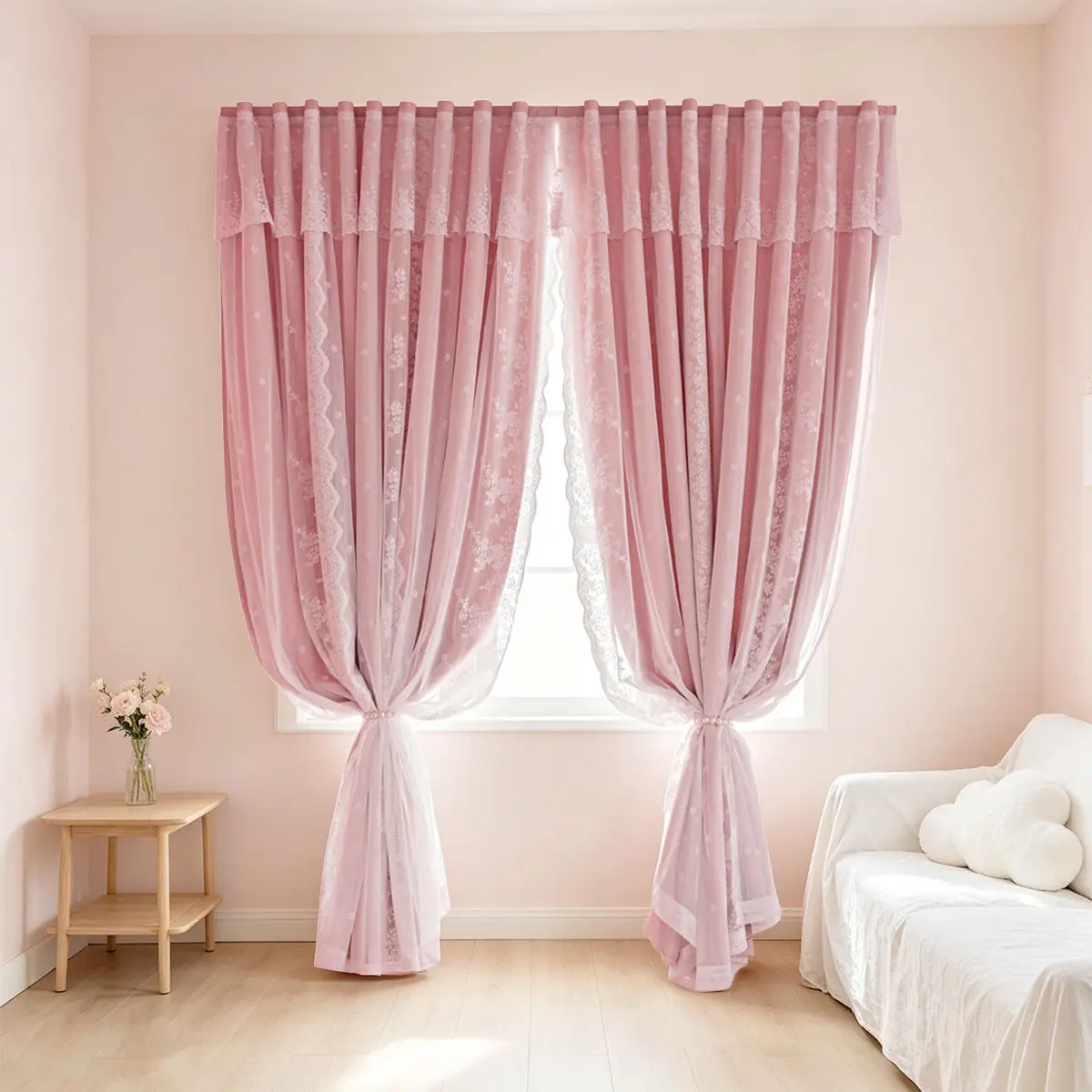2pcs Lace Floral Magic Tape Curtains, Japanese Style Wooden Gentle Girl Wind, Dual Layer Lace Floral Fabric, Soft Light Privacy Protection