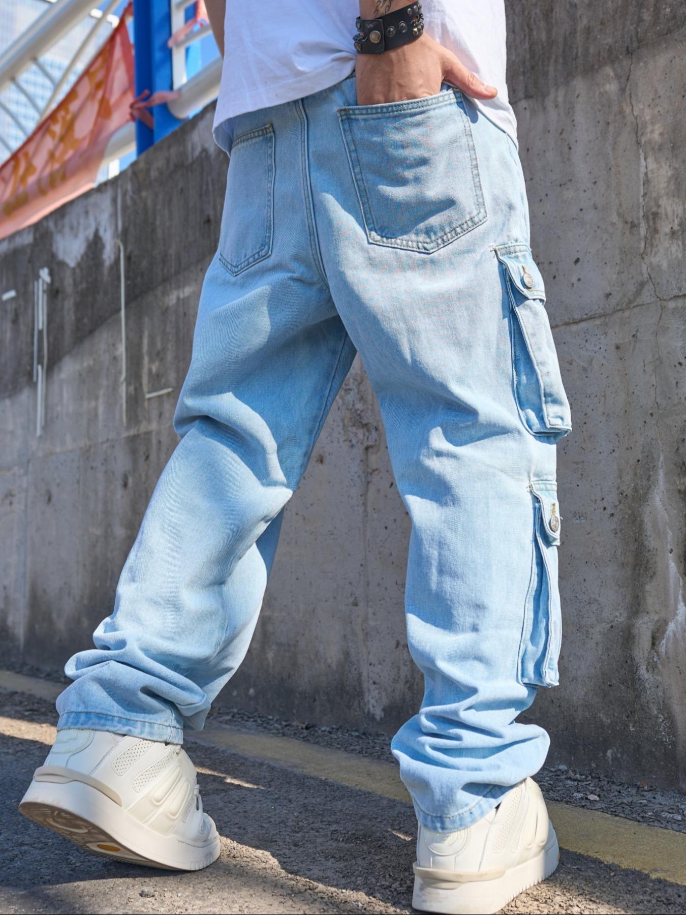 Men's Solid Flap Pocket Cargo Jeans, Loose Casual Street Fashion Denim Pants for Daily Wear, Men's Trousers for All Seasons