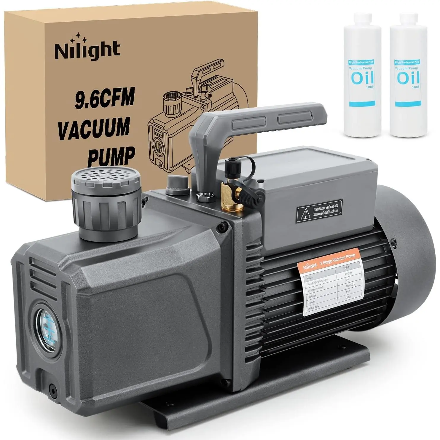 Nilight HVAC Vacuum Pump, 9.6 CFM 1 HP 110V 2 Stage AC Vacuum Pumps Kit for R22 R404a R134a R410a, 3x10⁻¹ Pa Ultimate Vacuum for Auto Air Conditioning Servicing Refrigerant Recharging, Oil Included