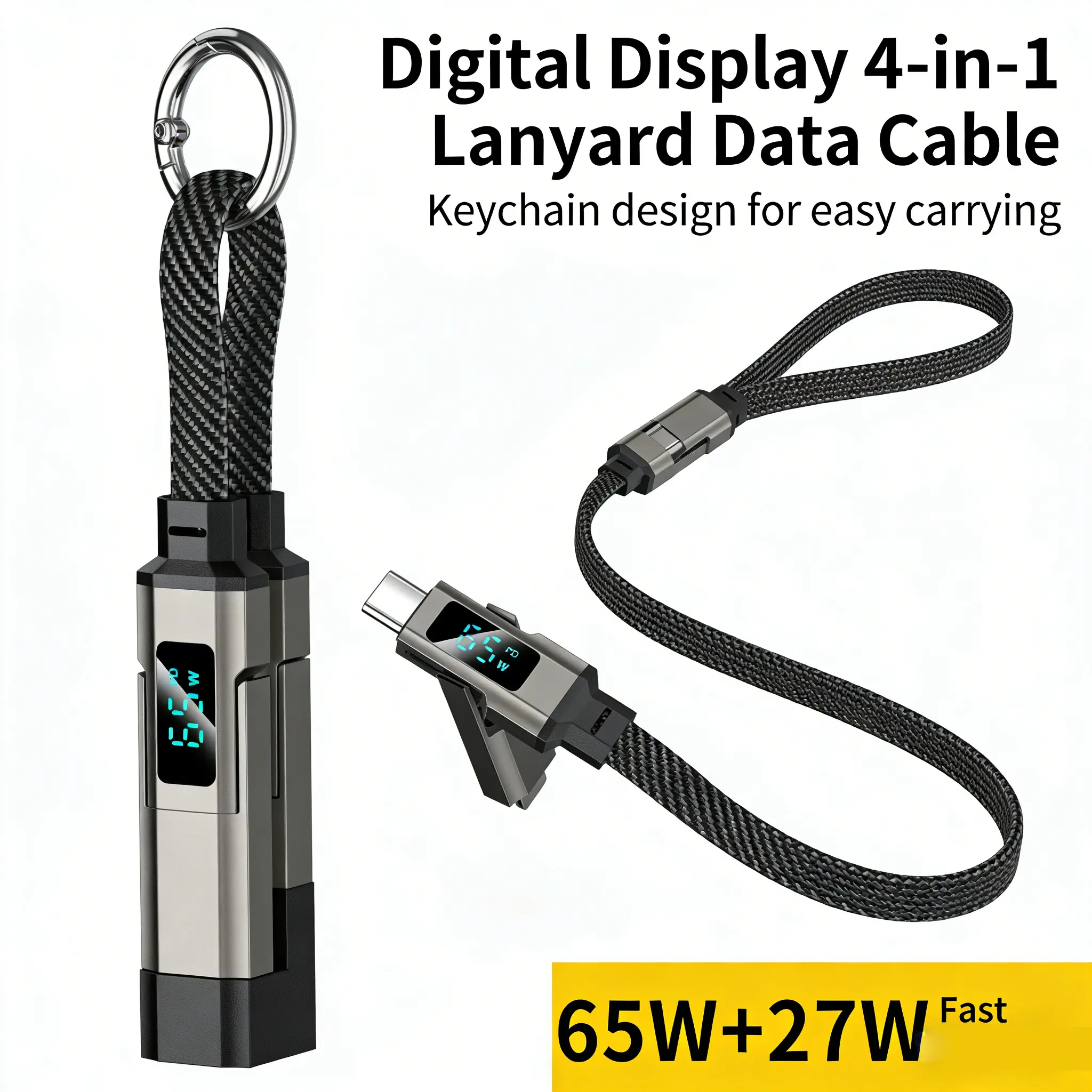 4 in 1 Short Type-C Keychain Lanyard Data Cable with LED Display, Braided PD Fast Charging Charger for Cellphone, Electronic Device, Mobile Phone, iPhone 17, Samsung Galaxy A17 (for iPhone Users), 4 In 1 Black, Digital Screen, Pd Fast Charge