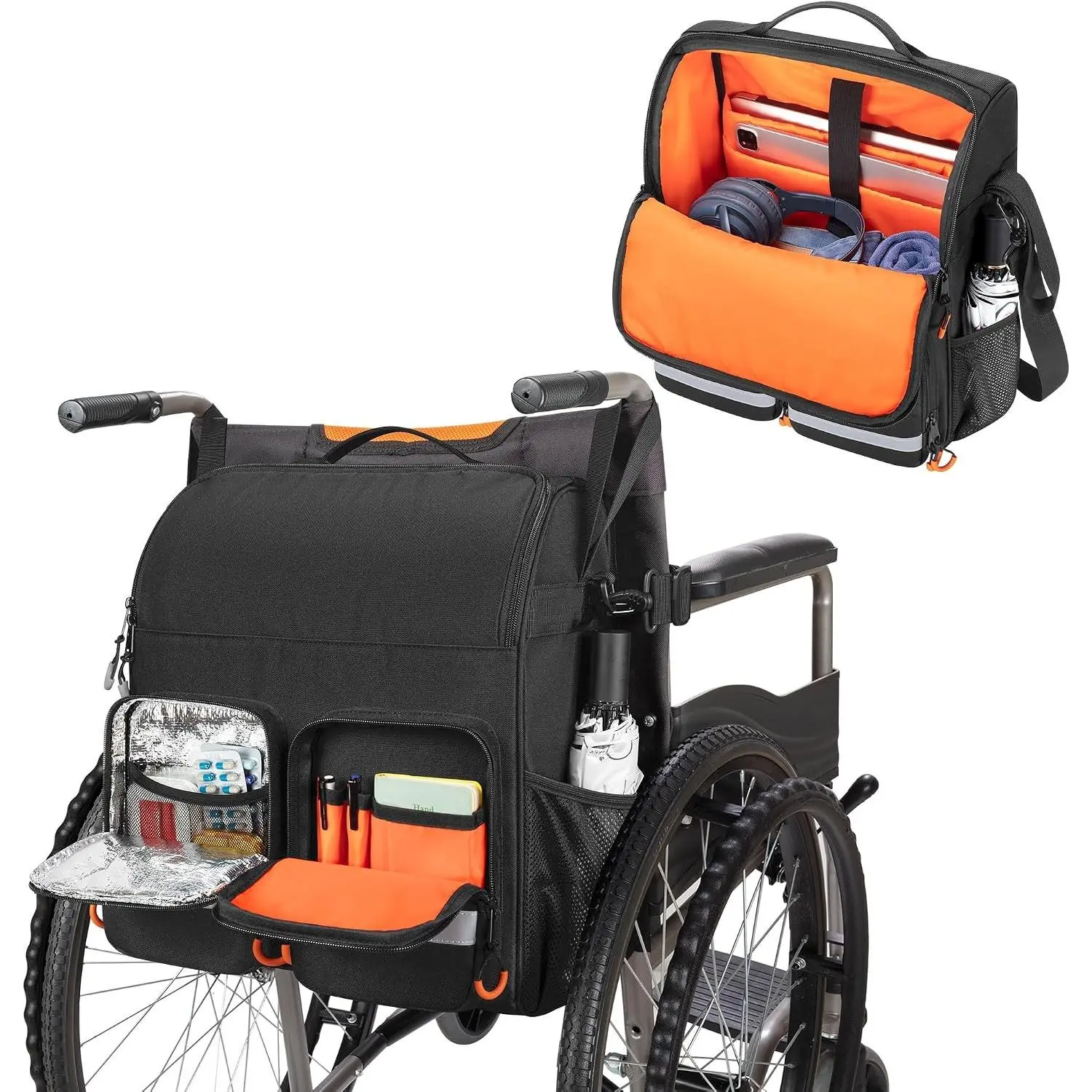 Large Wheelchair Bag to Hang on Back, Wheelchair Accessories Backpack for Adult & Senior, Wheelchair Pouch with Medicine Storage Insulation Pocket & Shoulder Strap, Bag Only