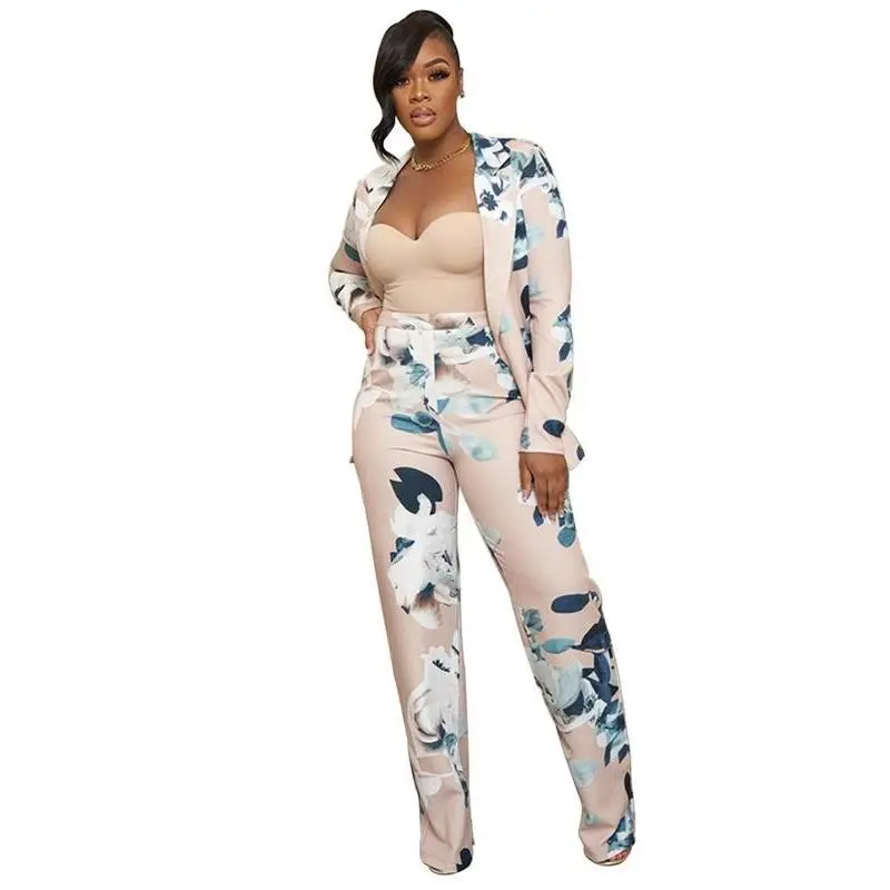 Two-piece Set Women's Floral Print Belted Blazer & High Waist Pants Suit Set, Elegant Lapel Long Sleeve Outerwear & Straight Leg Trousers Set for Work Office Business, Ladies Spring & Fall Clothes